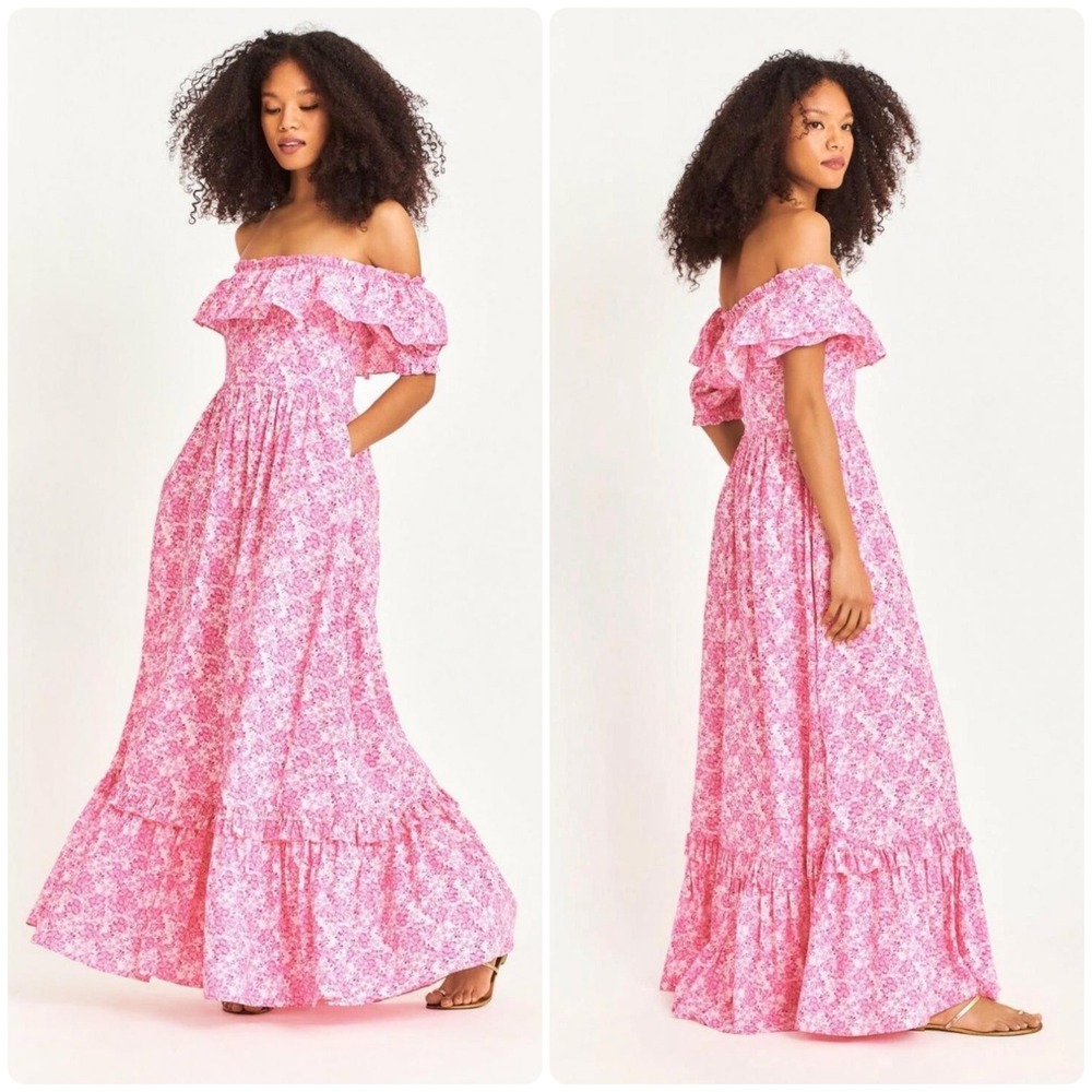 LoveShackFancy Womens Pink Floral Tara Cottagecore Coquette Ruffle Maxi Dress L